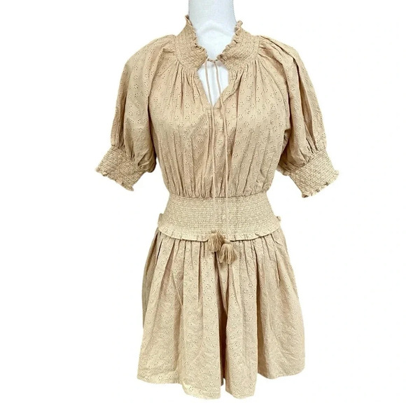 Roller Rabbit Fiorella Seersucker Eyelet Mini Dress Tan Beige Smocked Small - Picture 1 of 16